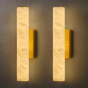 Natural Alabaster Brass Wall Sconce: Set of 2 Marble Stone Vanity Sconces | Modern Luxury Spanish Brushed Gold Indoor Lighting Fixture with Dimmable LED Strip Light for Bathroom Hallway Bedroom, 2 Pack