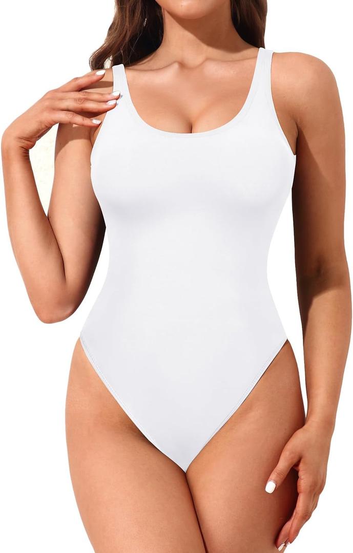 Tempt Me Women High Cut One Piece Swimsuit Low Back Scoop Neck Retro 80s Bathing Suit (Large, White)