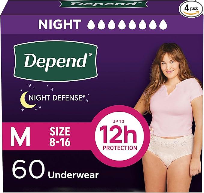 Depend Night Defense Adult Diapers, Incontinence & Postpartum Bladder Leak Underwear for Women, Disposable, Overnight, Medium, Blush, 60 Count (4 Packs of 15) 