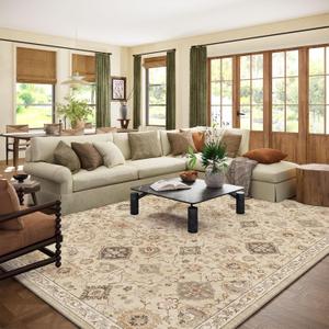 Machine Washable Rug for Living Room: 8x10 Area Rugs Boho Vintage Rug Stain Resistant Non Slip Low Pile Soft Lightweight Carpets for Bedroom Kitchen Dining Room Nursery Kids Room Farmhouse (Beige and Cream)