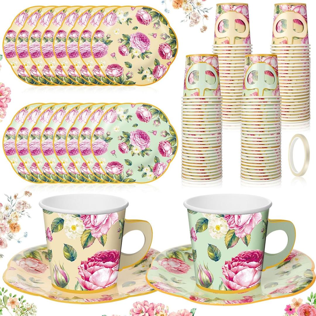 Umigy 36 Sets Tea Party Decorations 6.5oz Floral Paper Tea Cups with Handle and Plates Disposable Blossom Teacups and Saucers Sets with Tape for Hot Cold Drink Birthday (Vintage Style)