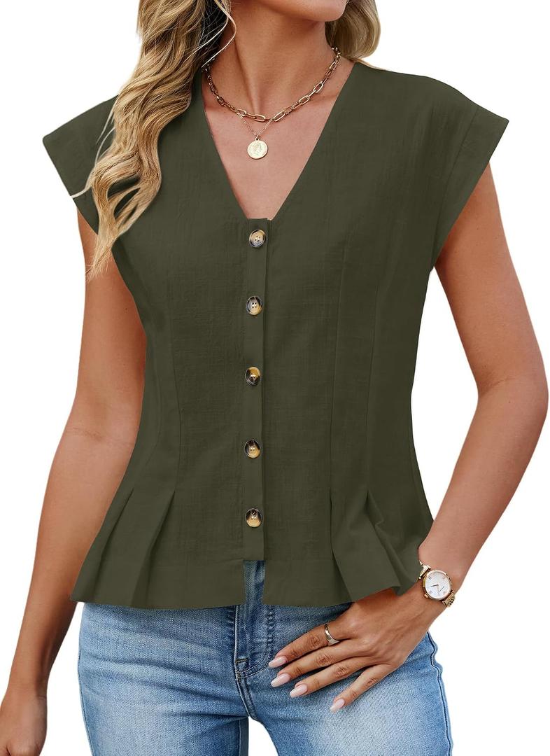 Womens V Neck Crop Tank Tops Cap Sleeve Spring Summer Blouse Button Down Shirts Going Out Vests Top Trendy 2026 (Green, S)