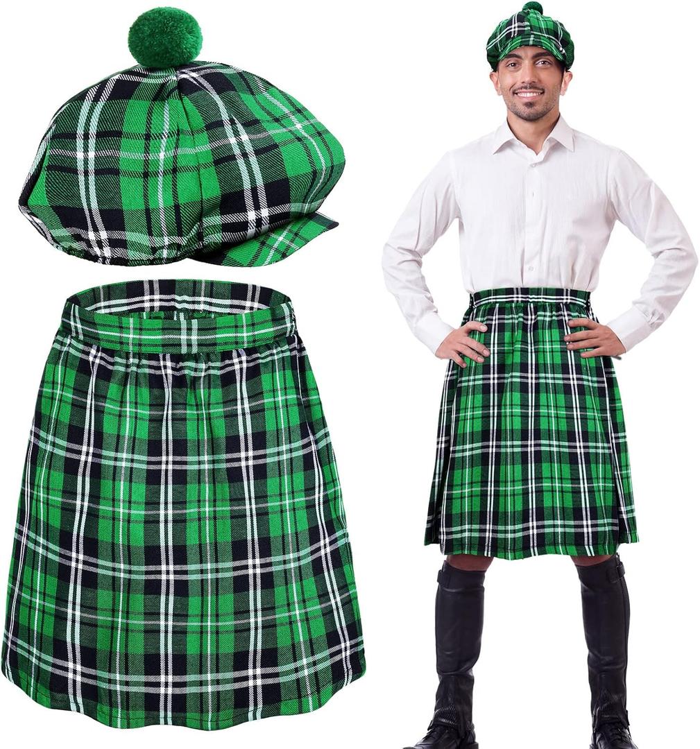 Funtery 2 Pcs St. Patrick's Day Costume Kit Irish Plaid Green Kilt for Men Scottish Tam with Pompom Tartan Skirt Kilts St Patricks Day Scottish Hat for Men Women