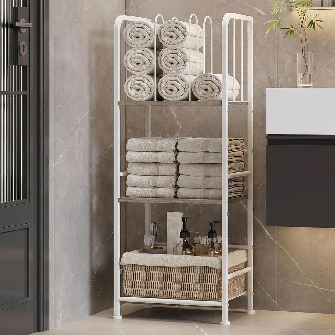 Towel Rack Free Standing 3-Tier M-Shaped Detachable Dividers, Durable Metal Holder, Pool Towel Rack, Space-Saving Towel Storage Organizer, Modern Bath Towel Shelf for Home, Poolside, White