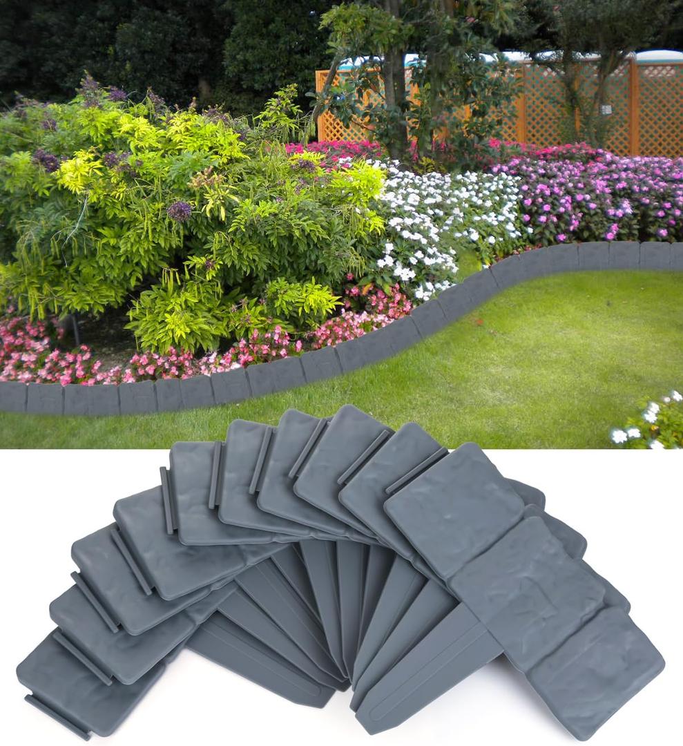 Landscape Edging Border No-Dig for Garden: 9 Inch Tall Flower Bed Border No Dig - 16FT Length Plastic Stone-Like Textured Garden Border for Lawn