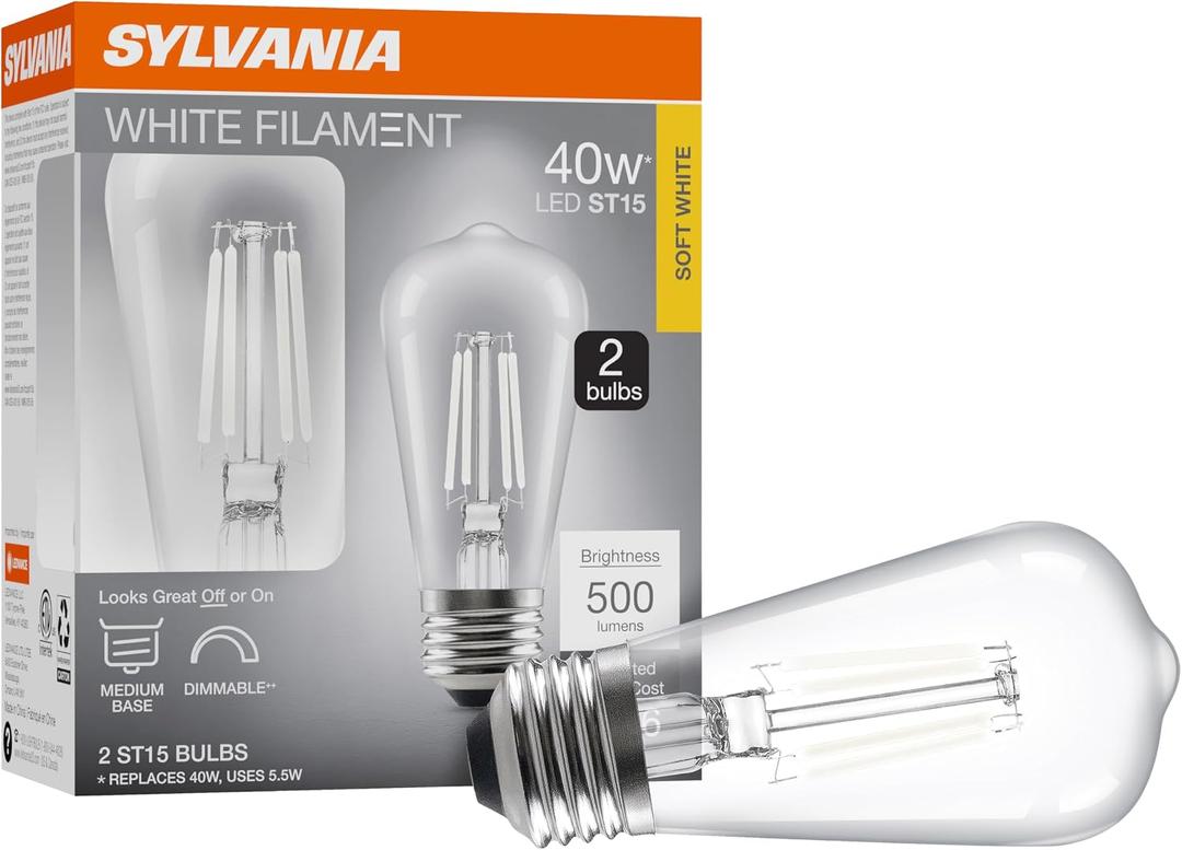 Sylvania ST15 Clear LED White Filament Bulb, 5.5W, Dimmable, 500 LMS, Medium Base, 2700K, Soft White - 2 Pack (42268)