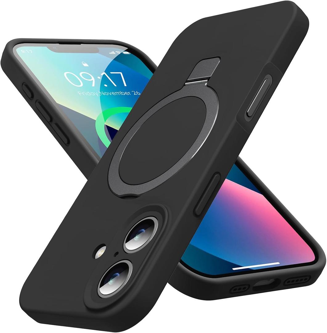 Mag-Ring Designed for iPhone 16 Case, Liquid Silicone [Moisturizing Factor] Extreme Soft Slim Phone Case with Stand [Compatible with MagSafe] for 16 6.1 inch Men Women, Black