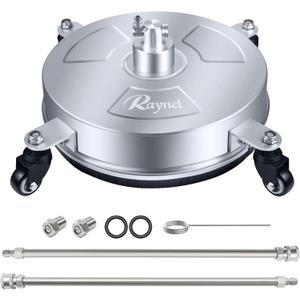 RAYNEL 14'' Pressure Washer Surface Cleaner with 4 Wheels, Stainless Steel Housing, 1/4" Quick Plug, 2 Extended Wands, 2 Replacement Nozzles