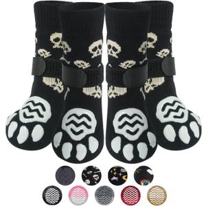 PUPTECK Anti Slip Dog Socks 2 Pairs with Double Grippers for Hardwood Floors, Shoes for Hot/Cold Pavement, Boots & Paws Protectors to Prevent Licking, Traction Booties for Senior Large Dogs (Black(Skull))