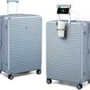 Large Checked Luggage 28 Inch Hard Shell Suitcases, Expandable Travel Luggage Lightweight Check In Luggage with Spinner Wheels Cup Holder Charger Built in, Silver