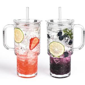 17oz Glass Tumbler with Handle & Lid 2-Pack Iced Coffee Cups with Straws, Glass Mug for Cold & Hot Beverages Travel Cup for Smoothies, Tea, and Juice (clear-Glacial pattern-2pack)