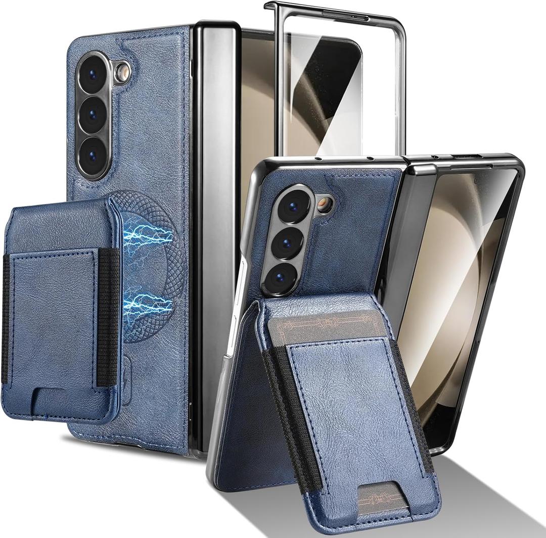 for Samsung Galaxy Z Fold 5 Case[Compatible with MagSafe] Built-in Screen Protector and Hinge Protection, Vintage Matte PU Leather with Magnetic Z Fold 5 Case Phone Cover Protective - Blue