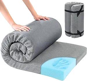 Memory Foam Camping Mattress Pad,Portable Sleeping Pad for Adult,Waterproof Cot Mattress,Roll Up Floor Mattress,Foldable Backpacking Travel Bed for Hiking,Guest Bed, 52x25 Inches, Gray