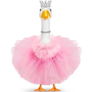 4 Pcs Princess Porch Goose Outfit for 23" 17" Cement Lawn Goose Costume Crown Necklace Tutu Skirt Feather Trim(Pink)
