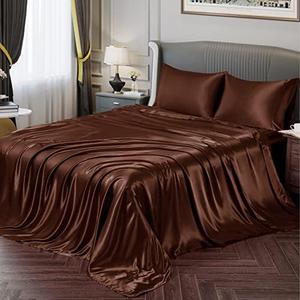 Vonty Satin Sheets King Silky Soft Satin Bed Sheets Brown Sheet Set, 1 Deep Pocket Fitted Sheet + 1 Flat Sheet (76x 80)