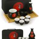 Japanese Sake Cup Set with 6 Ceramic Cups, 1 Ceramic Sake Bottle, 1 Ceramic Sake Warmer, Bamboo Tray, and Cloth Carrying Case - Perfect Hot Sake Set for Authentic Japanese Experience (Black/White)