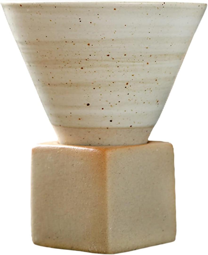 Coarse Ceramic Espresso Cup, Vintage Personal Tea Pottery Porcelain Mug Funnel Coffee Cup with Base Heat Resistant Japanese Style Latte Cappuccino Triangular Cone Shape for Home Office (White)