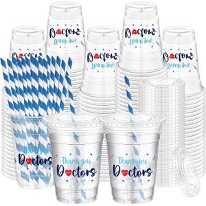 50 Pack National Doctor Day Gifts Thank You Doctors Cups Bulk 16 oz Disposable Clear Plastic Drinking Cup with Lid and Straw Appreciation Gifts Bulk for Medical Staff Nurses Holiday Party Supplies