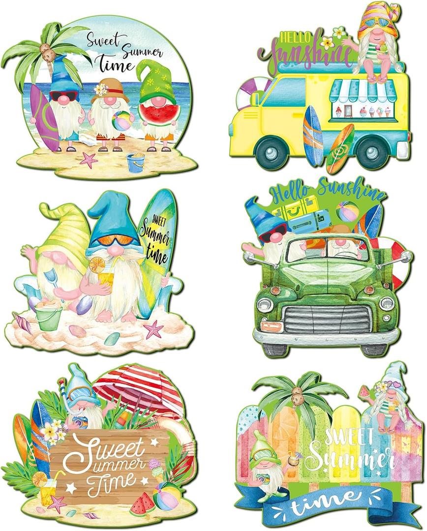 6 Pcs Summer Gnome Placemats 14 x 12 Inch Watercolor Beach Hawaiian Place Mats Hello Sunshine Washable Table Mats Sea Surfboard Coconut Tree Tropical Plants Table Decor for Dining Table Kitchen Party