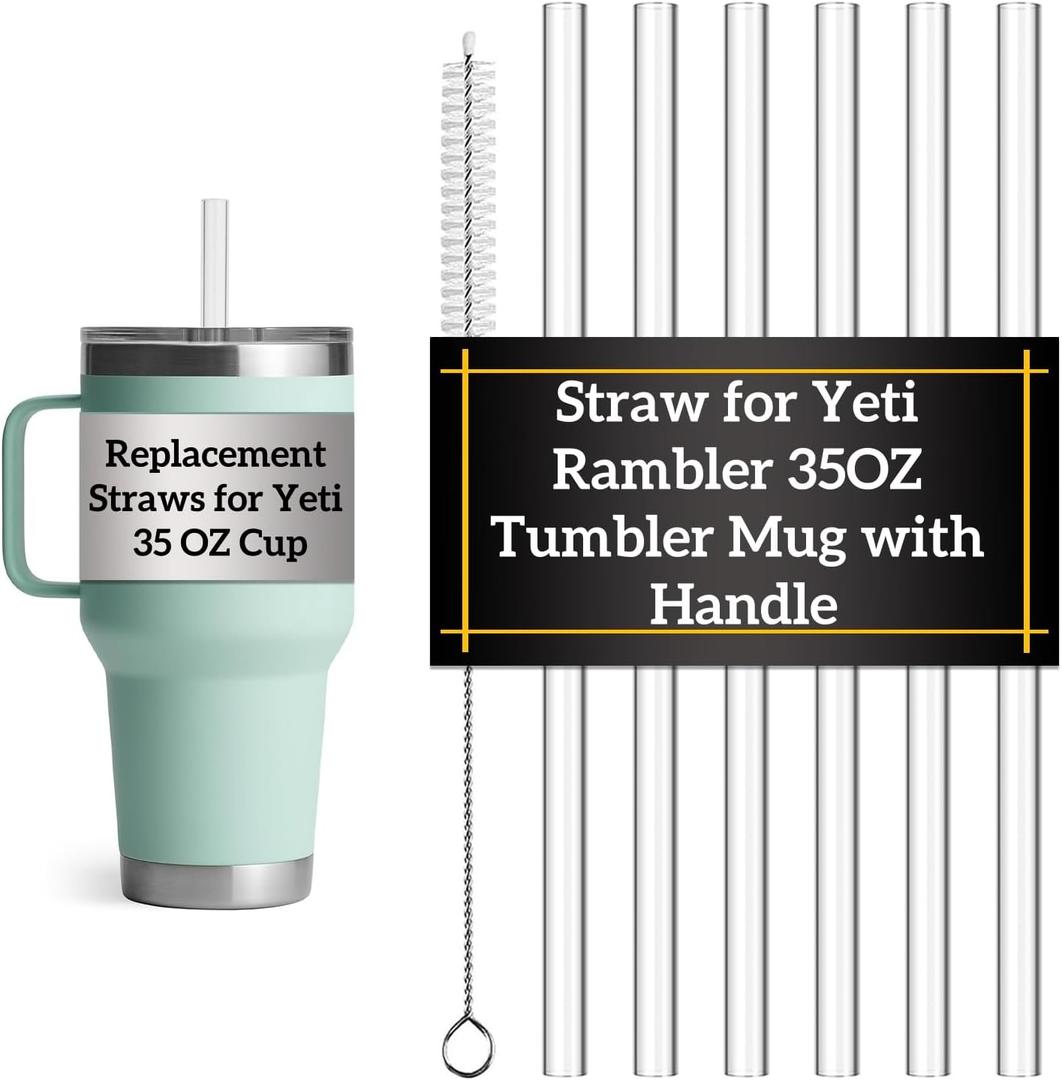 6 Pack Straws for YETI 35oz Tumbler, Replacement Straws 9.45" Long, Reusable Hard Plastic Tritan Straws, BPA Free Dishwasher Safe, w/Cleaning Brush, Ideal for Gym Office Travel Daily Use