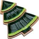 Christmas Tree Tray Set - 3-Piece Ceramic Christmas Tree Serving Trays with Wooden Base - Perfect Holiday Party Platter for Christmas Festive Decor and Entertaining