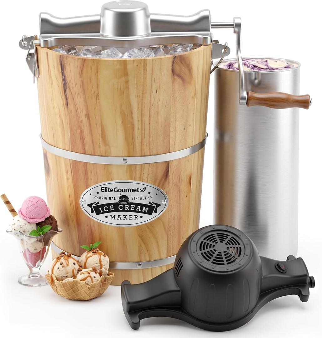 Elite Gourmet EIM916 6Qt Old Fashioned Wood Bucket Ice Cream Maker