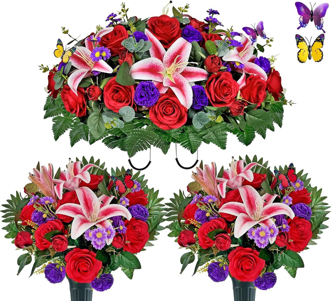 Artificial Cemetery Flower with Vases for Grave, 3PC,Red Rose Headstone Flower Saddle (Vases Included)