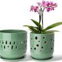 Ceramic Orchid Pot, 5+6 Inch Orchid Pots with Holes, Promoting Air Circulation and Drainage, Indoor/Outdoor Flower Pots - Pea Green