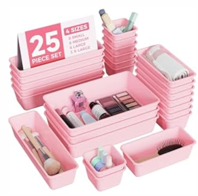 25 PCS Plastic Drawer Organizers Set, 4-Sizes Vanity and Makeup Organizer, Desk and bathroom Drawer Organizer Trays, Organizers and Storage for Makeup, Jewelry, Gadgets, Utensils (Purple)