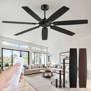 62 Inch Ceiling Fan No Light with Remote Control, Black Ceiling Fans Without Light with 6-Speeds Quiet Reversible DC Motor, Indoor/Outdoor Ceiling Fan with Dual Finish 7 Blades for Patio Living Room
