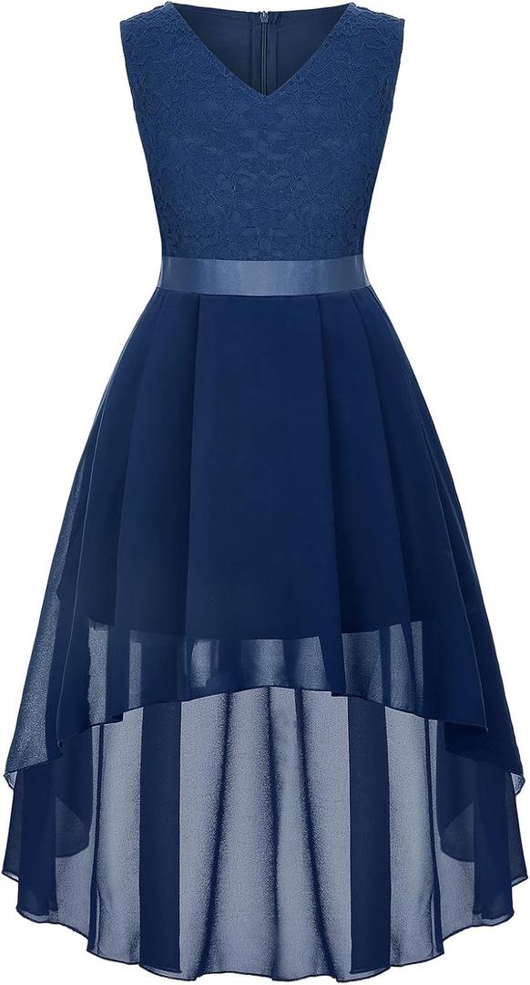 Girls Floral Lace Dress Easter Bridesmaid Vintage Formal Cocktail Party Swallowtail Swing Dresses 7-14 Years (13-14 Years, Navy Girls Dress)