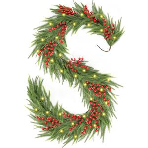 Christmas Norfolk Pine Garland,Real Touch Faux Winter Greenery Garland with Light for Stairs Table Fireplace Backdrop Wall,Christmas Holiday Seasonal Winter Decor (6ft)