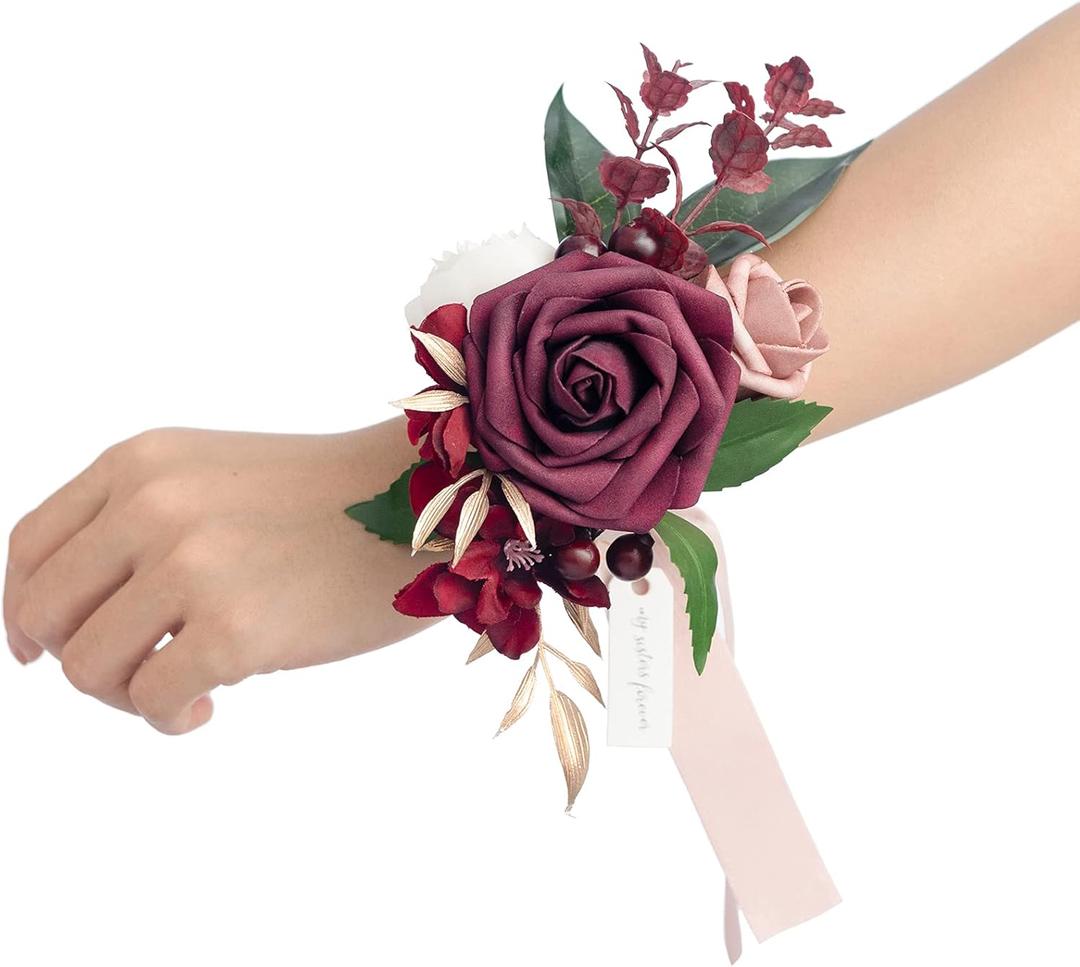 Ling's Moment 2pcs Prom Wrist Corsage Artificial Flowers, Girl/Mother Corsages Wristlet Dcor for Homecoming/Wedding/Anniversary, etc. Bungundy