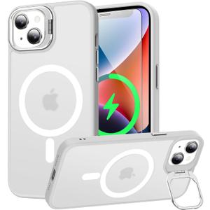 Goodon Magnetic for iPhone 13 Case with Screen Protector, Built-in Metal Camera Kickstand,[Compatible with Magsafe] [Wireless Charging] Matte Protective Phone Cover 6.1" for Men Women Girls - Clear