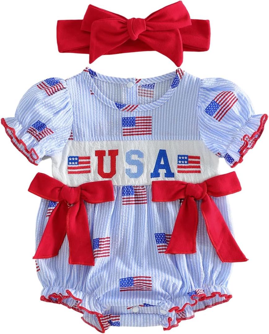 4th of July Baby Girl Outfit American Flag Romper USA Smocked Bubble Jumpsuit with Bow Headband Patriotic Clothes