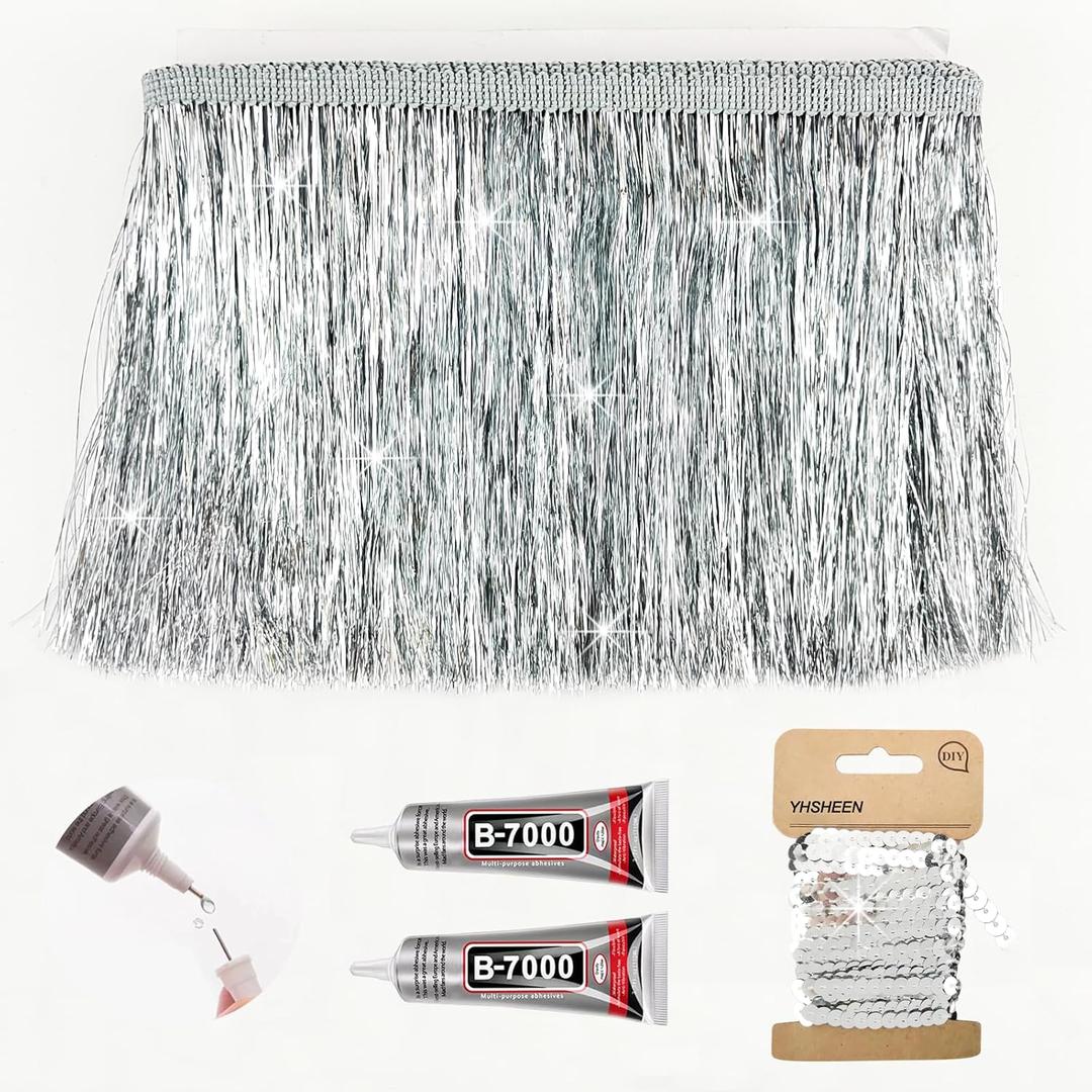 Silver Tinsel Fringe Trim,5Yards X 5.9 Inch Metallic Fringe Trim with B7000 Glue for Karma Jacket Costume Crafts Sparkly foil Wedding Birthday Party Decoration