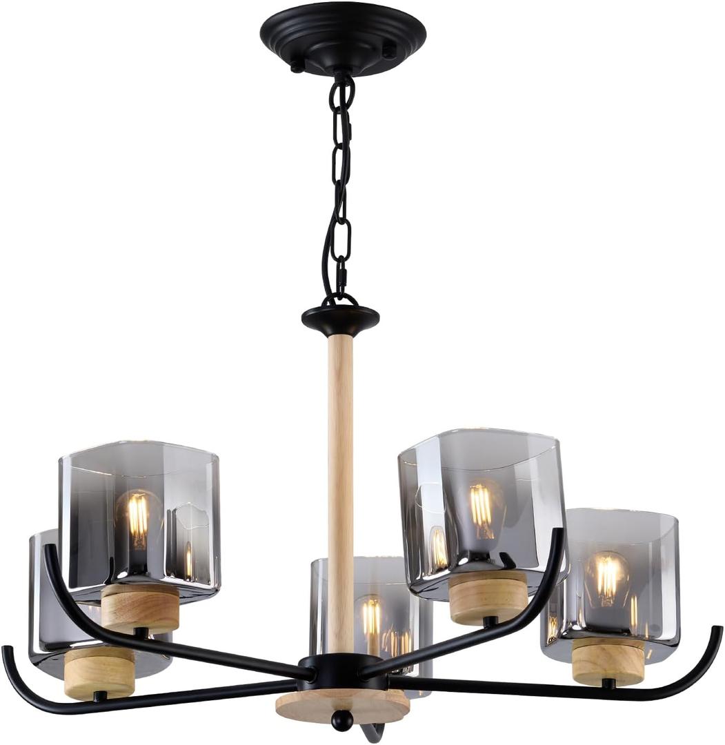 5 Light Glass Chandelier Adjustable Height for Dining Room Bedroom Kitchen Living Room 26.3" Wide E26 Base Black and Wood