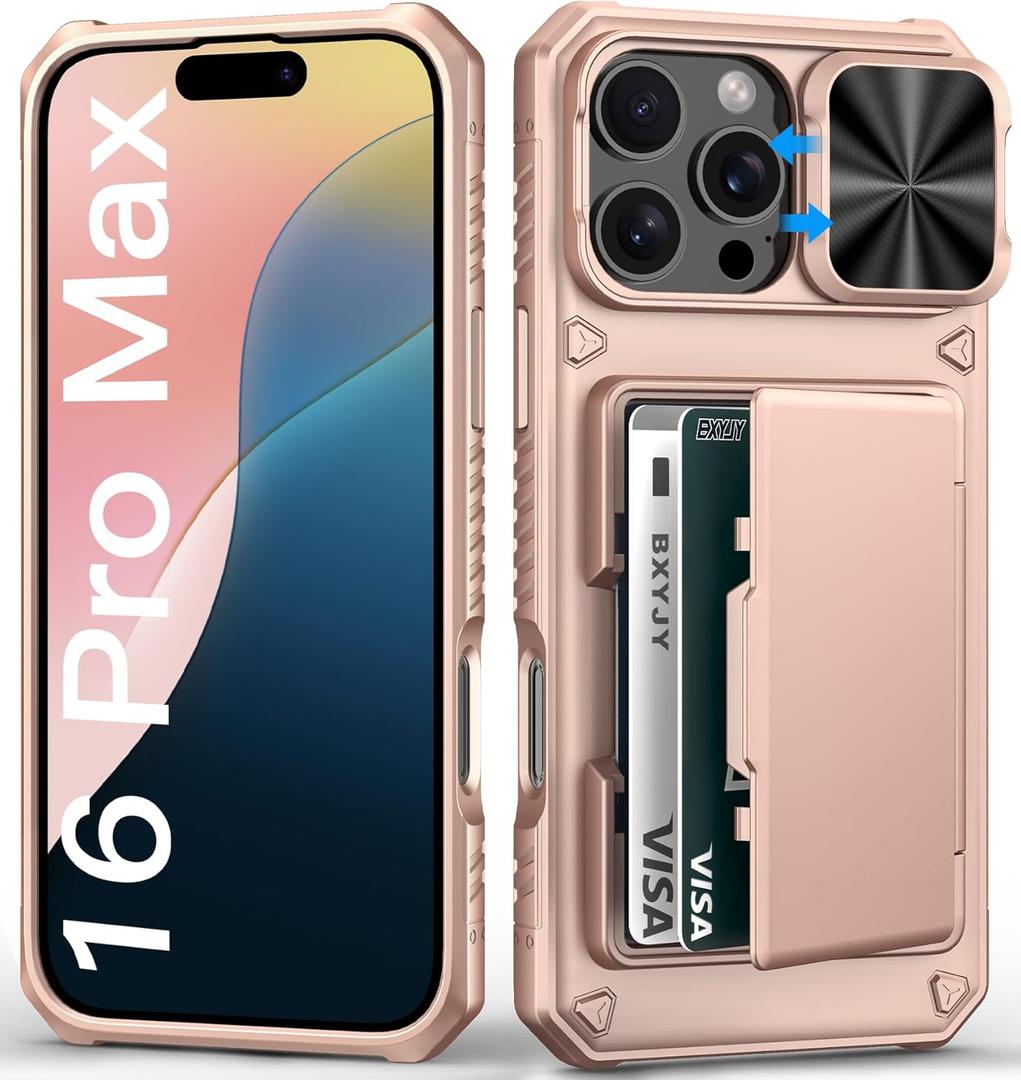 for iPhone 16 Pro Max Phone Case Wallet, Built-in Card Holder (4-5 Cards), Slide Camera Cover & Military Grade Protection, Rugged Women Girly Men Protective Case for iPhone16 Pro Max, Rose Gold