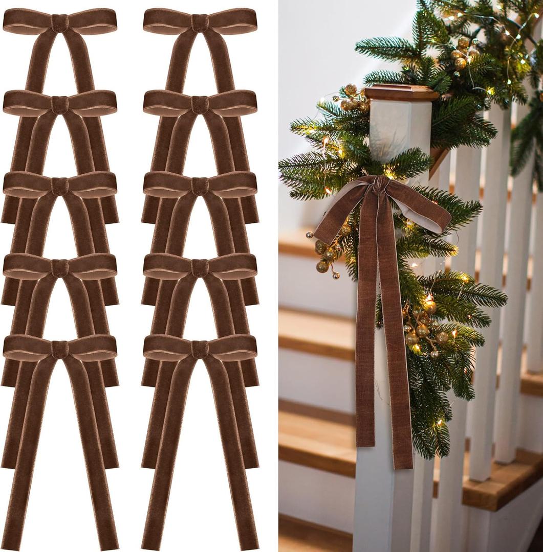 Brown 24 Pcs Velvet Bows Christmas Tree Ornaments Valentines Day Bows Decoration for Garland Home Coquette Wedding Decor (9 x 13 Inch,Width of 1")