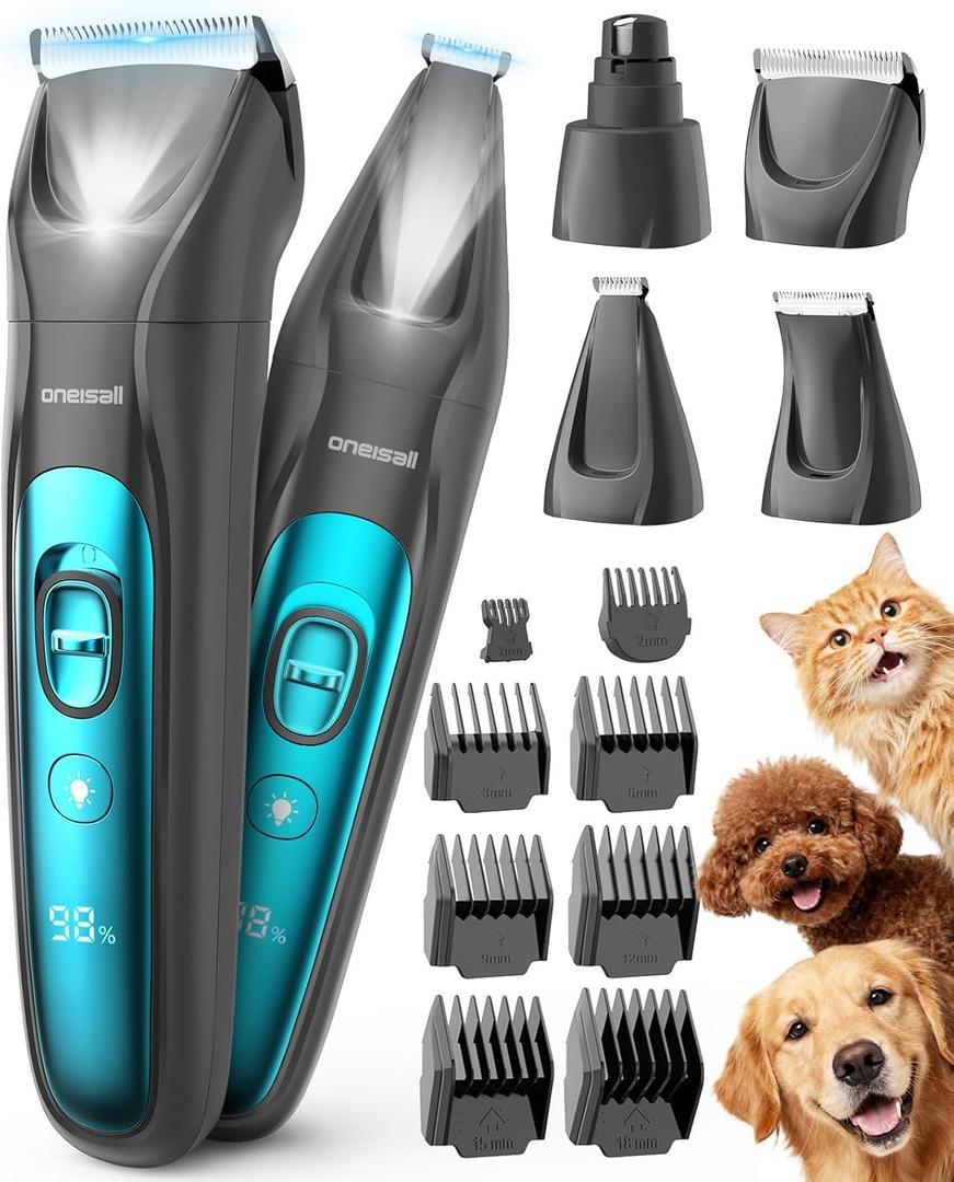 oneisall Professional Dog Grooming Kit at Home: All-in-One Quiet Clippers & Nail Grinder with LED Light, 2000mAh Cordless Dog Shaver, Safe Poodle Grooming Kit for Paws, Face, Ears & Body (Blue)