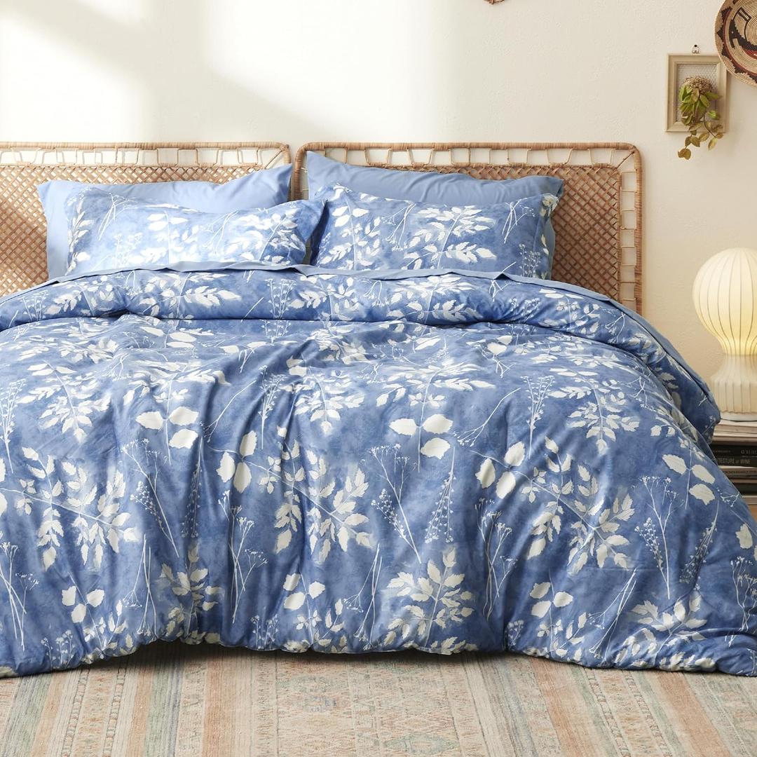 Bedsure Queen Comforter Set - 7 Pieces Floral Blue Soft Bedding Sets, Queen Bed in a Bag with Botanical Flowers Comforter, Sheets, Pillowcases & Shams