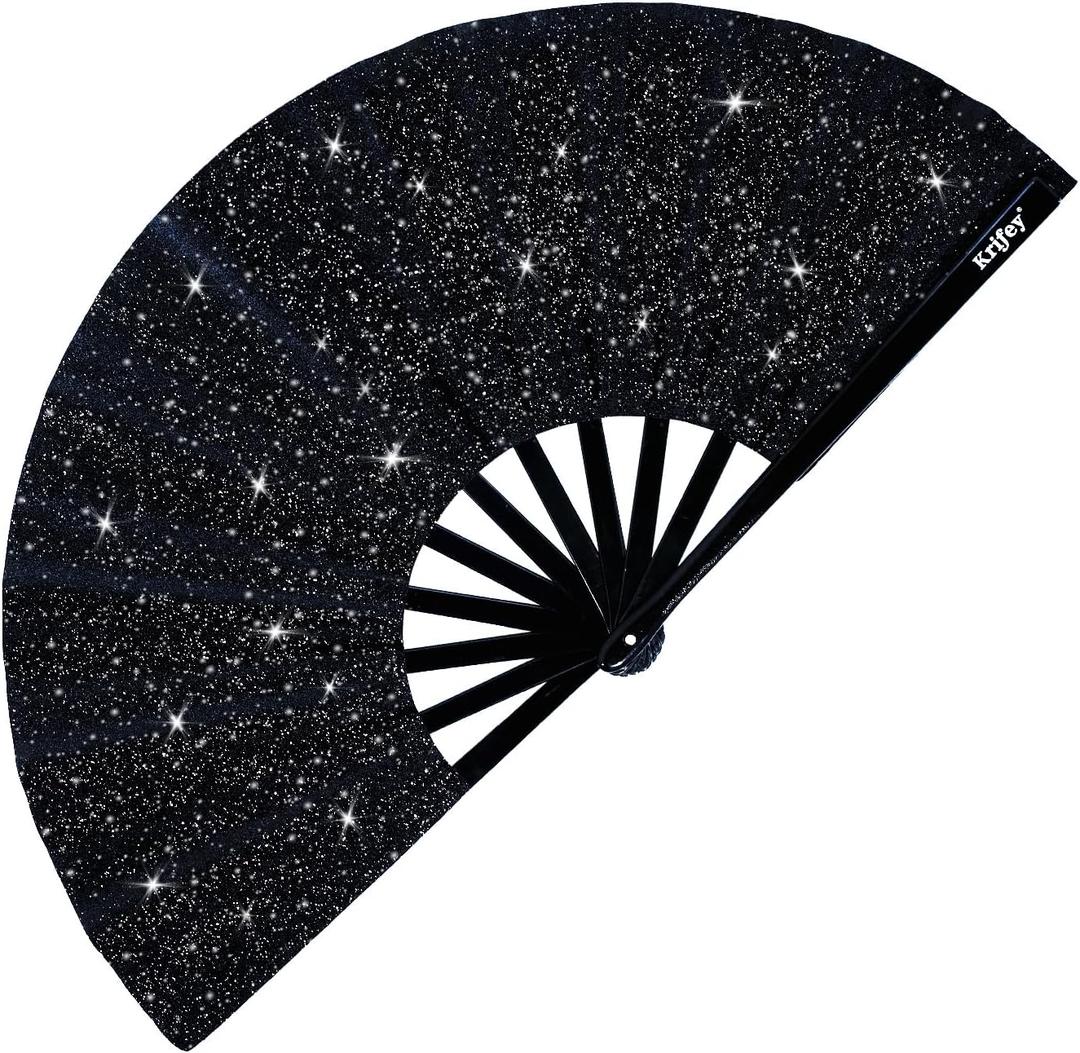 Krifey Large Folding Hand Fan  Bold Snap Fans for Line Dancing, Rave, EDM Festivals & Drag Shows  Statement Accessory for Women, Baddies & Party Queens (Black Diamond)