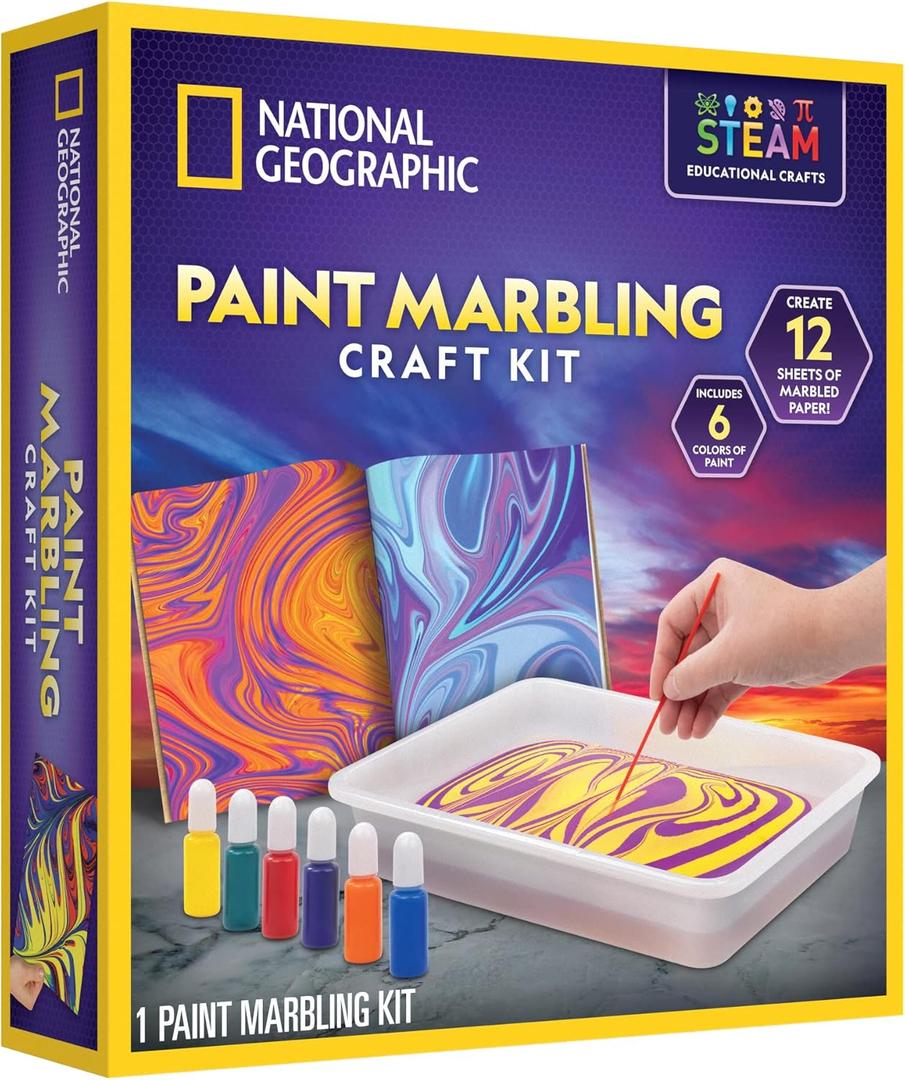 NATIONAL GEOGRAPHIC Marbling Paint Kit for Kids - Create 12 Sheets of Marble Art with Paints & Water, Painting Arts and Crafts Kit (Amazon Exclusive)