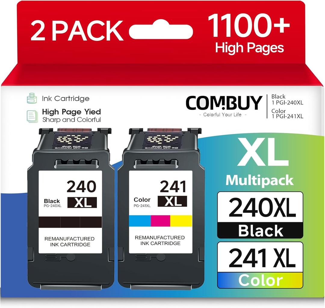 PG-240XL/CL-241XL Ink Cartridges Compatible for Canon 240XL 241XL Combo Pack for Canon PIXMA MG3620 MG3600 TS5120 TS5100 MG3220 MG3520 MG2120 MX472 Printer (1 Black,1 Tri-Color)