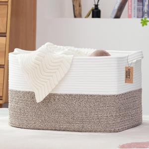 COMFY-HOMI Large Laundry for Organizing|Rectangle Cotton Rope Storage with Handles|Blanket for Living Room|Woven Laundry for Towels, Toys, Clothes-22x15x12-White/Brown