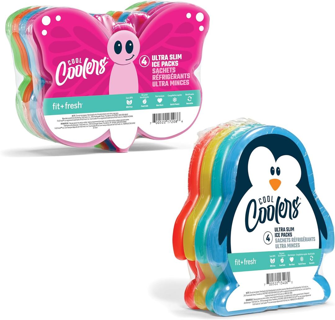 Fit & Fresh Cool Coolers Kids Lunch Box Ice Packs, Slim Ice Packs for Lunch Bags, Multicolored Penguin and Butterfly Set, 8PK