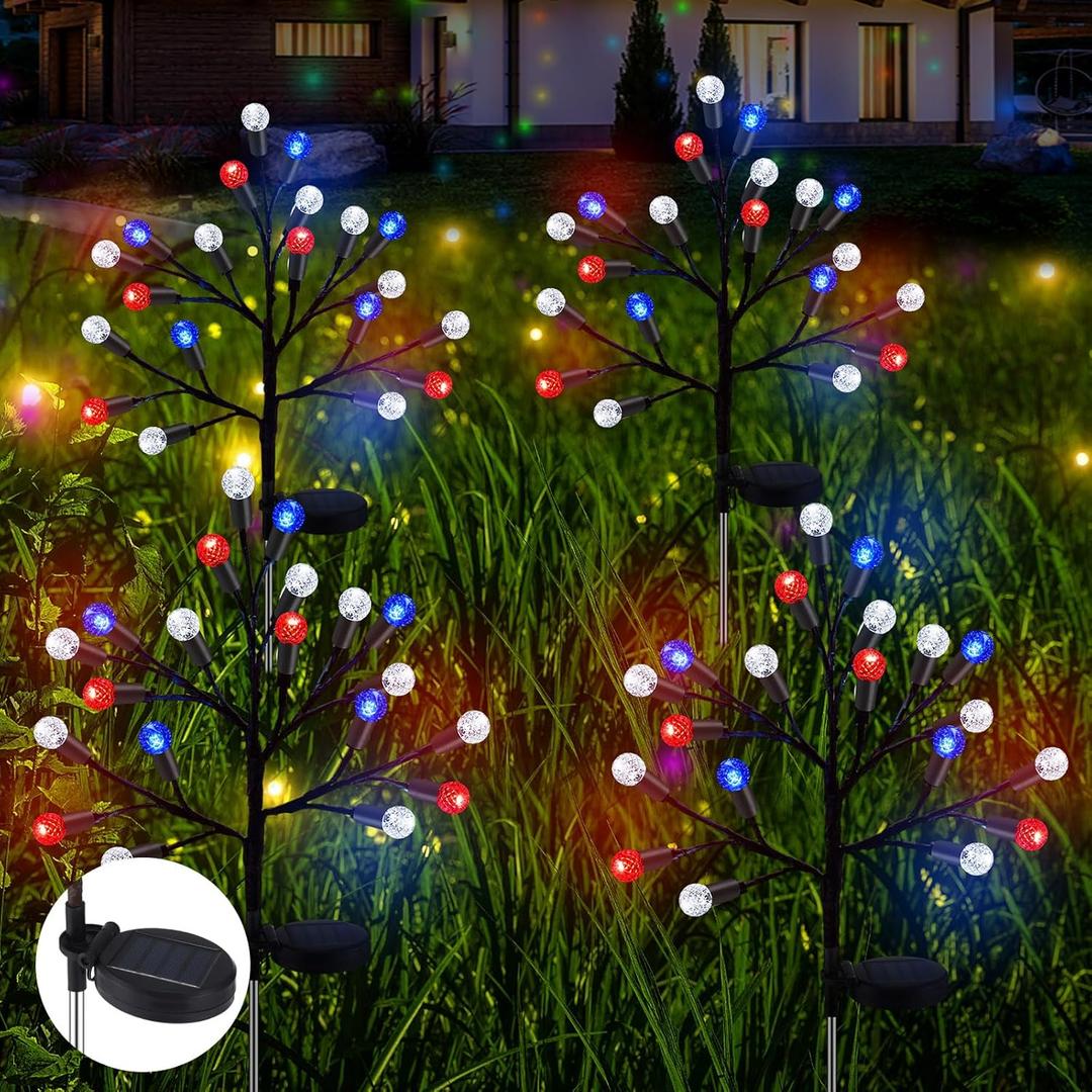 4 Pcs Solar 4th of July Outdoor Lights Waterproof Solar Patriotic 40led Red White and Blue Stake Lights for Outside Porch Yard Grave Cemetery Independence Day Memorial Day Decoration