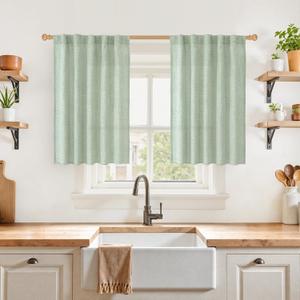 YoungsTex Light Green Linen Curtains 36 Inch Length, Short Drapes Light Filtering with Rod Pocket Back Tab for Cafe Kitchen Windows Over Sink, 2 Panels, 42 X 36 Inch