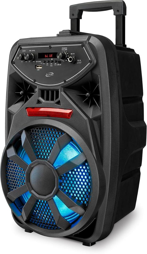iLive Bluetooth Party Speaker with FM Radio, USB, LED Lights & Wheels