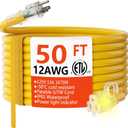 HUANCHAIN 12/3 Gauge Heavy Duty Outdoor Extension Cord 50 ft Waterproof with Lighted end, Flexible Cold-Resistant 3 Prong Electric Cord Outside, 15Amp 1875W 12AWG SJTW, Yellow, ETL